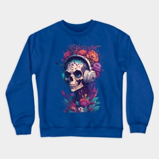 Zombie Wearing Trendy Headphone With Flowers Crewneck Sweatshirt